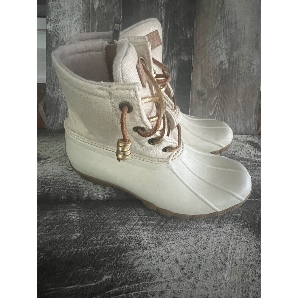 Sperry Women 5 Saltwater Waterproof Duck Boots Cream - Picture 2 of 7